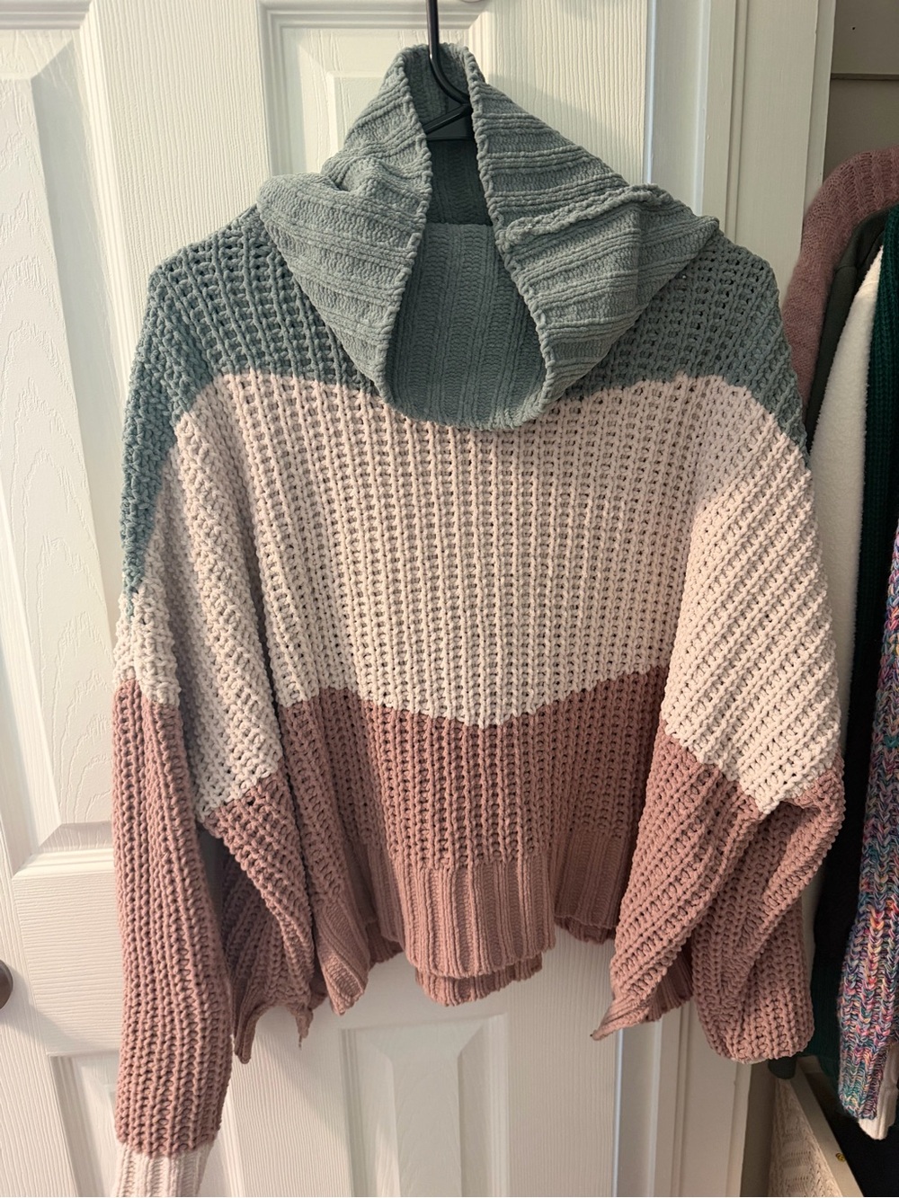 POL Colorblock Cowl Sweater in Sage, Cream & Rose